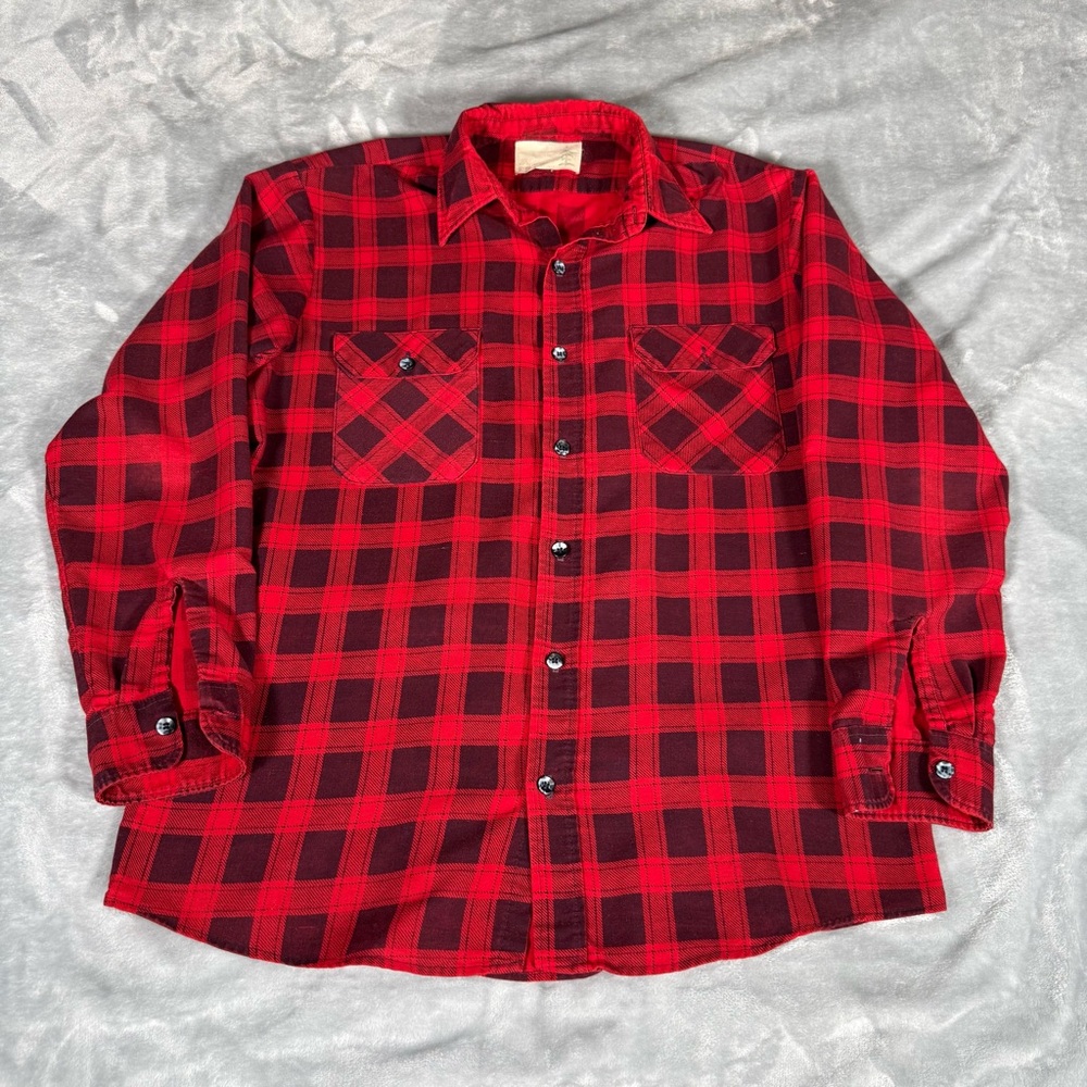 Vintage Sears Fieldmaster Plaid Shirt Mens L Tall Lightweight Red 80s
